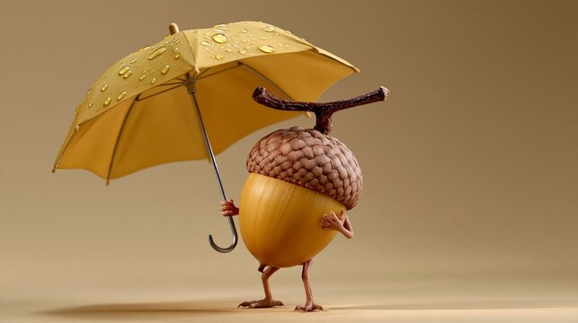 Brown acorn holding tiny yellow umbrella standing in rain