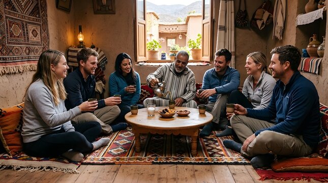 Diverse tourists enjoying traditional tea with a local host in Morocco