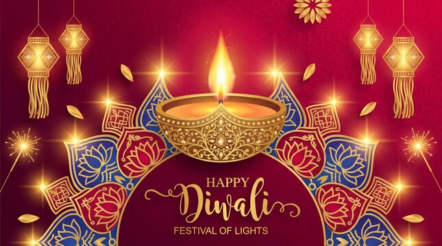 Diwali, Deepavali or Dipavali the festival of lights india with gold diya patterned and crystals on paper color Background.