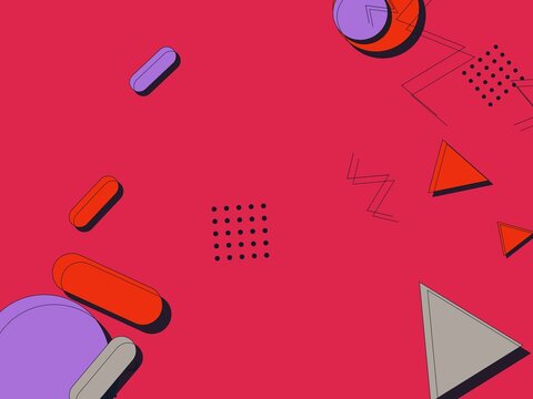Vibrant Memphis Style Abstract Geometric Background with Colorful Shapes on Red and Magenta Surface