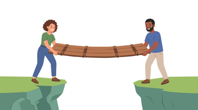 Diverse man and woman building a wooden plank bridge across a canyon gap, symbolizing teamwork, cooperation, and partnership
