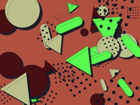 Abstract Retro Memphis Style Design with Geometric Triangles and Neon Green Shapes on Rust Background