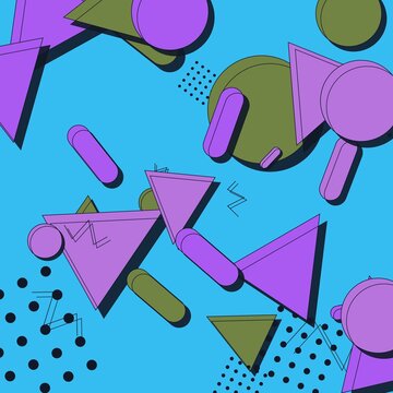 Abstract Memphis Style Geometric Pattern Background with Retro 80s 90s Shapes in Purple and Blue