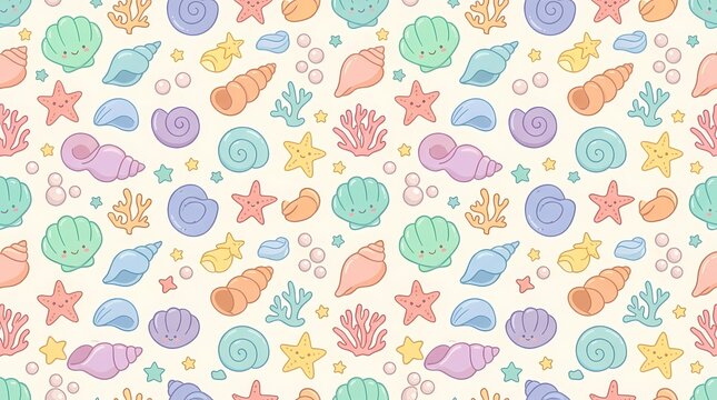 Seamless pattern with colorful seashells and starfish on light background.