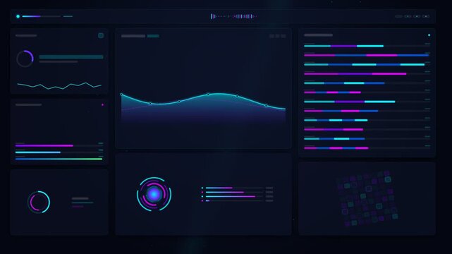 Futuristic digital dashboard with blue and purple data visualization graphs