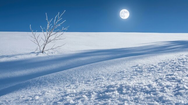 A lone frostcovered tree stands in a vast, snowcovered landscape under a bright full moon in a clear blue night sky
