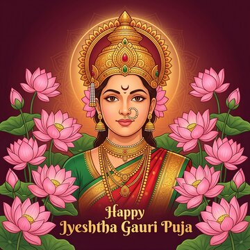 Illustration of a goddess figure adorned with traditional jewelry surrounded by pink lotus flowers for a festival