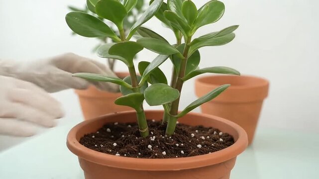Hands in Gloves Repotting a Green Clusia Houseplant into a Terracotta Pot, Indoor Gardening Concept