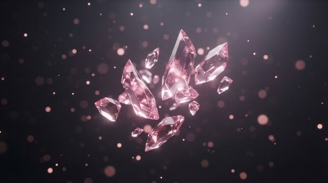 Abstract pink crystal shards floating amidst bokeh particles