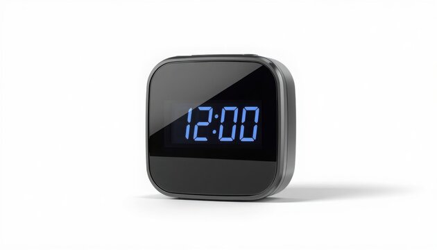 Sleek modern square digital alarm clock with glowing blue numbers display on transparent background