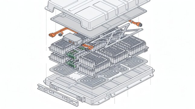 Electric vehicle battery pack exploded view diagram showing lithium ion cells and cooling system components vector illustration.