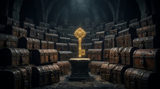 A golden key sits atop a pedestal in a dark chamber filled with antique treasure chests. The key glows with an ethereal light, promising secrets and riches