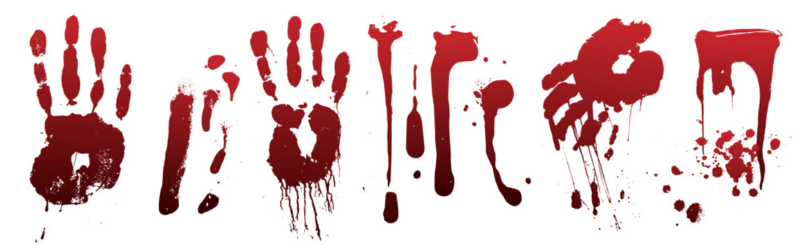 Red blood splash patterns with realistic drops and drips isolated on white. 3d vector realistic illustration of bloody horror elements, crimson stains, killer hand prints, spray effects, crime scene