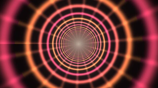 Neon glowing circles tunnel abstract background, hypnotic infinite motion loop in pink and orange light for digital presentations and vj loops