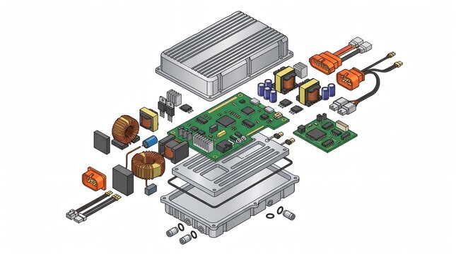 Exploded view of an automotive electronic control unit assembly components