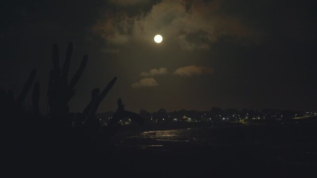 A wide shot shows a bright full moon shining through clouds over the dark ocean and distant city lights. This dramatic, atmospheric footage is ideal for mystery, travel, or nature documentaries.
