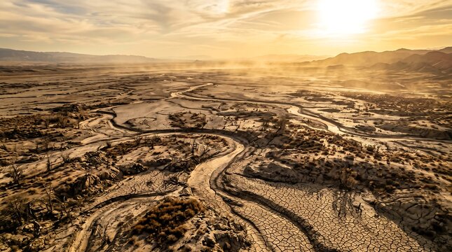 A winding river flows through a vast, arid landscape under a warm, sunlit sky. Dust motes dance in the golden rays of the setting sun, highlighting the rugged terrain and distant mountains.