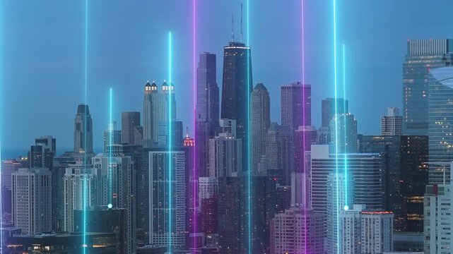 Futuristic Chicago skyline with glowing data streams representing smart city technology, network communication, digital infrastructure and internet of things connection
