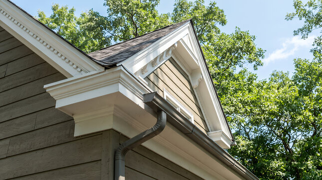 Close-up of house eaves, white trim, and dark gutter against green trees and blue sky roof soffit