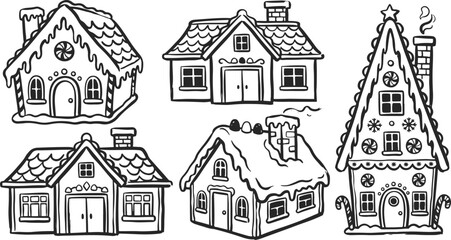 Obraz premium Hand Drawn Christmas Gingerbread House Collection with Snowy Roofs, Chimneys and Festive Decorations.