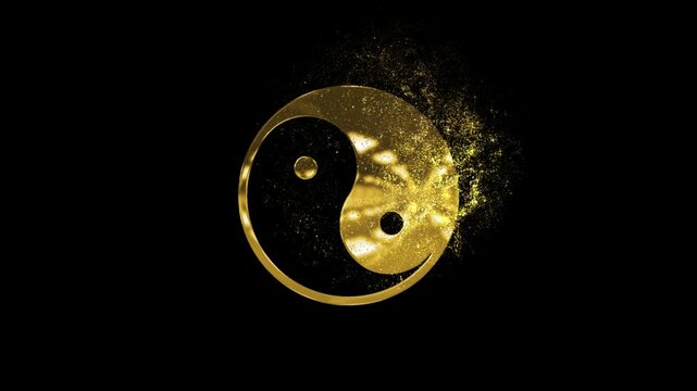 Beautiful golden Yin Yang Sign in golden style and golden particles, religion, transparent background