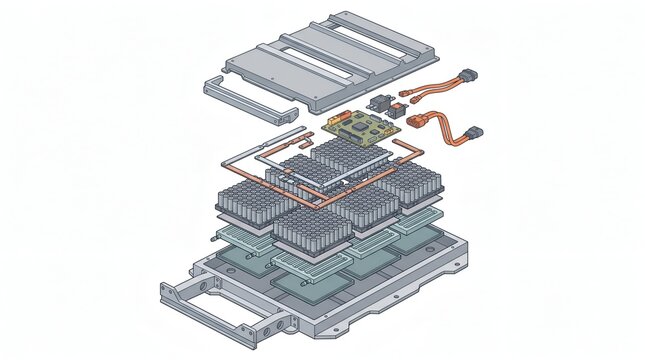 Isometric exploded view of an electric vehicle lithium ion battery pack