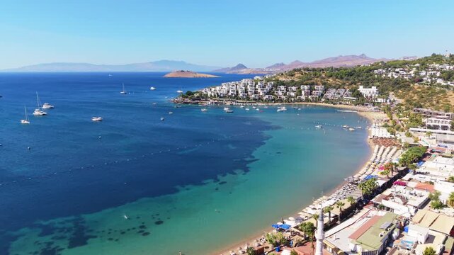 Drone panning around beachfront property in Bodrum Turkey