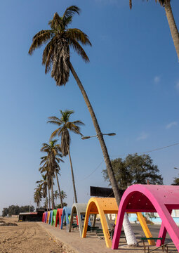 Row of colorful arched beach shelters lining the sandy shore beneath tall palm trees, Namibe Province, Namibe, Angola