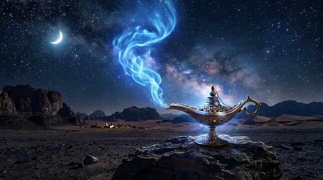 Magic genie lamp with blue smoke in a desert landscape under a starry night sky