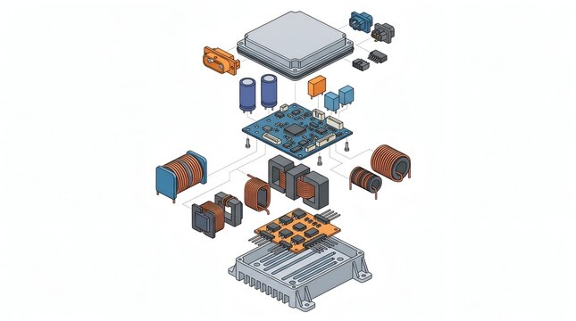 Isometric exploded view of electronic device and circuit board parts showing technical hardware components in a vector schematic diagram