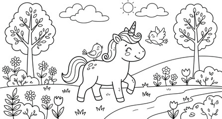 Fototapeta premium Magical unicorn adventure a detailed coloring page for kids featuring a forest scene with trees and flowers