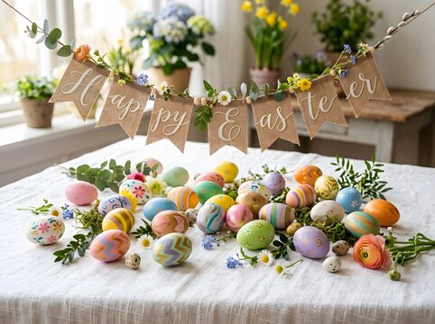 A vibrant collection of colorful easter eggs and beautiful spring flowers displayed on a white table with a softly blurred