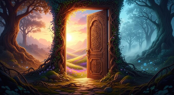 Magical wooden door leading to sunny fantasy landscape.