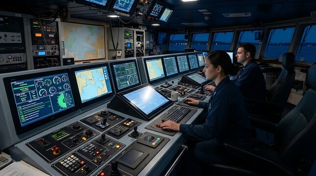 Professional crew working at the digital control center of a modern ship bridge at night with glowing navigation screens and radar displays