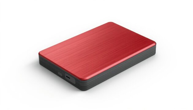Sleek red portable hard drive with brushed metal finish viewed from high angle on transparent background