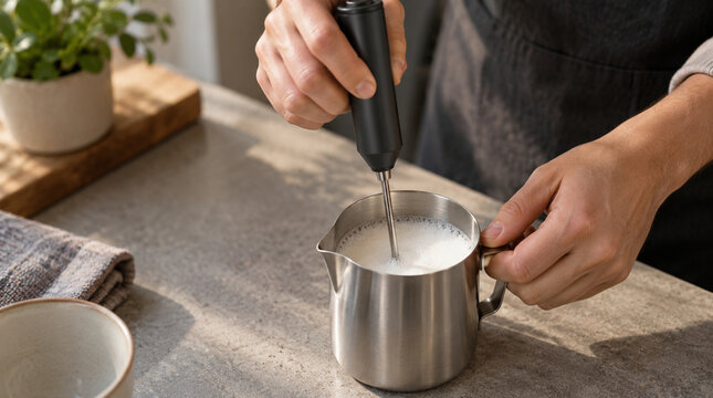 Mano espumando leche dentro de jarra con batidor