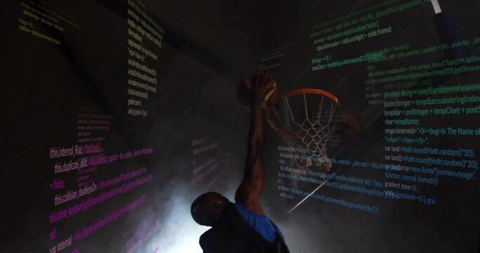 Dunking player in sleeveless jersey soaring toward rim in gym, with basketball and code projections