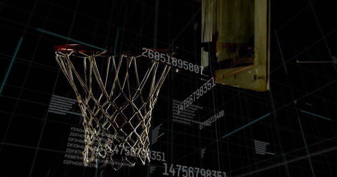 Glinting metal hoop with wooden mount and woven net hanging against virtual grid, floating code