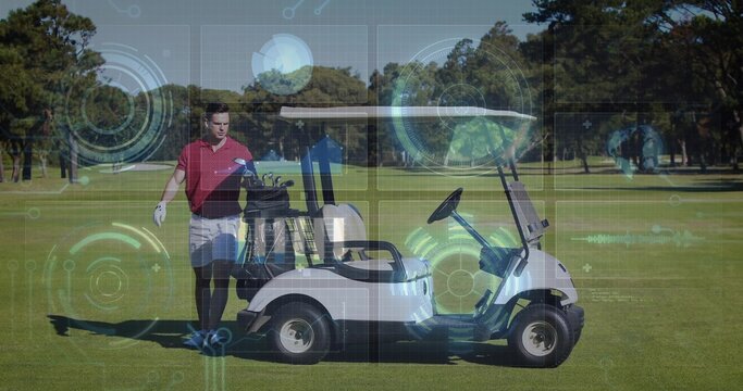 Standing golfer wearing red polo and white glove beside white cart with clubs, HUD overlay