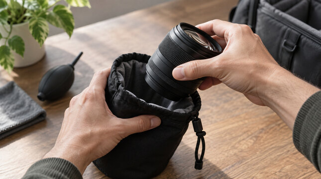 Manos extrayendo lente fotogr&aacute;fica desde funda protectora acolchada