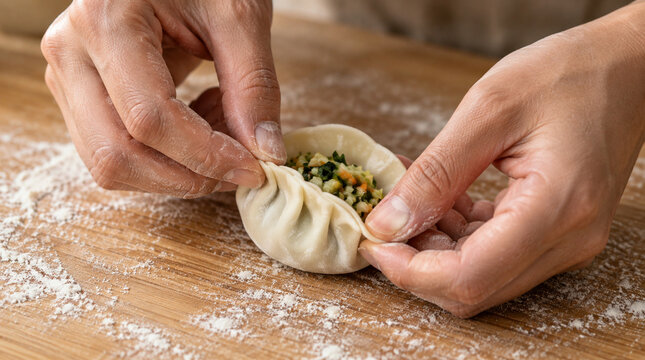 Manos plegando empanadilla rellena sobre una tabla enharinada