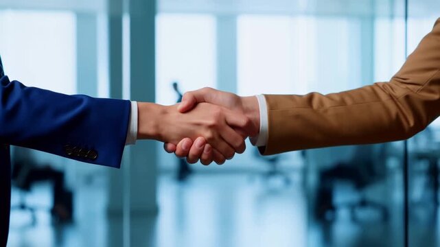 Business professionals extend hands toward each other in bright modern office