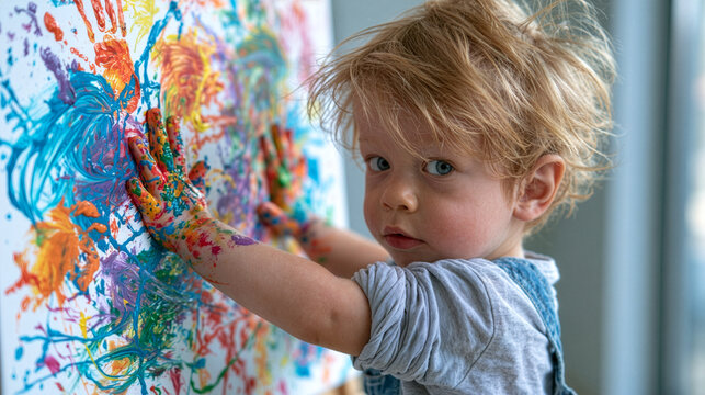 young child creating colorful finger painting on a large white canvas, hands covered with bright washable paint