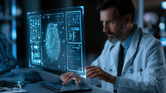doctor reviewing electronic medical records protected by AI biometric authentication, floating generic security interface, modern smart hospital