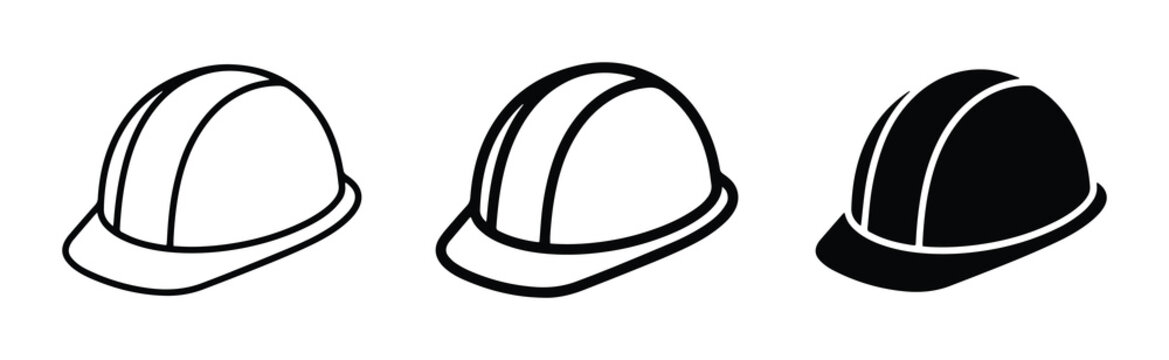 Hard Hat Icons, Safety Helmets, Construction Gear, Protective Headwear, Industrial Safety Equipment, Work Tools, Black and White Vector Graphics
