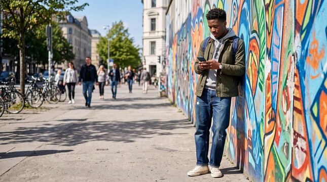 Young man using smartphone beside a vibrant graffiti wall on a busy urban sidewalk