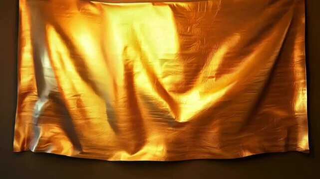 Shiny golden fabric sheet with soft folds on a dark background, luxury metallic texture, elegant premium surface, glamorous design backdrop.