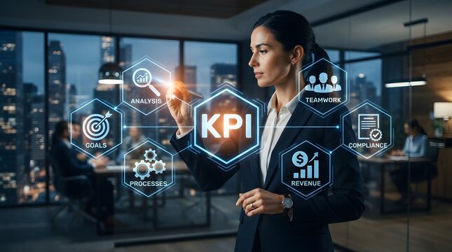 Businesswoman Presenting KPI Performance Metrics Dashboard for Corporate Strategy and Business Growth