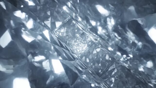 Traveling through a sparkling crystal tunnel with shining silver diamond facets