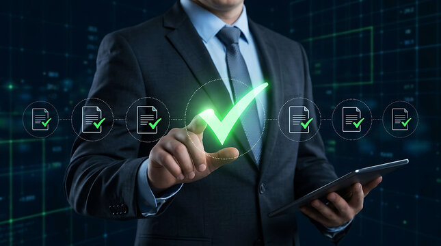 Businessman approving digital documents with a glowing green checkmark icon